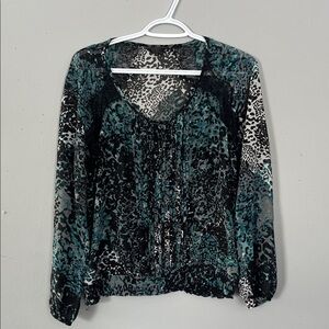 Guess Woman’s  Black and Teal See Through Leopard Print Blouse Medium
